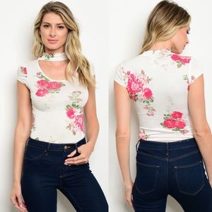 Ivory Floral Cutout Bodysuit Stretchy